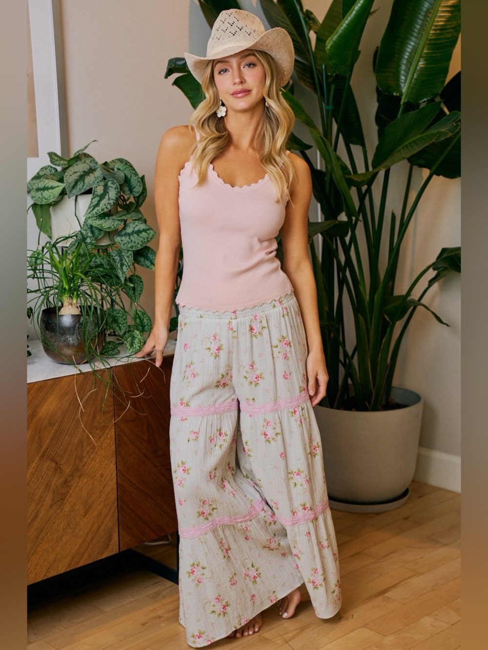 BiBi Rose Printed Gauze Trim Detail Smocked Maxi Pants 10010025874